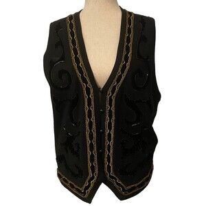 Vtg RAFAELLA Black Merino Wool VEST Gold Beaded Velvet Appliqué Women's Size Med